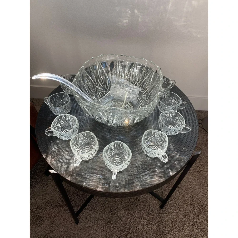 Williamsport  Vintage 12 Pc Prescut Crystal Punch Bowl Set w 10 Cups + Ladle